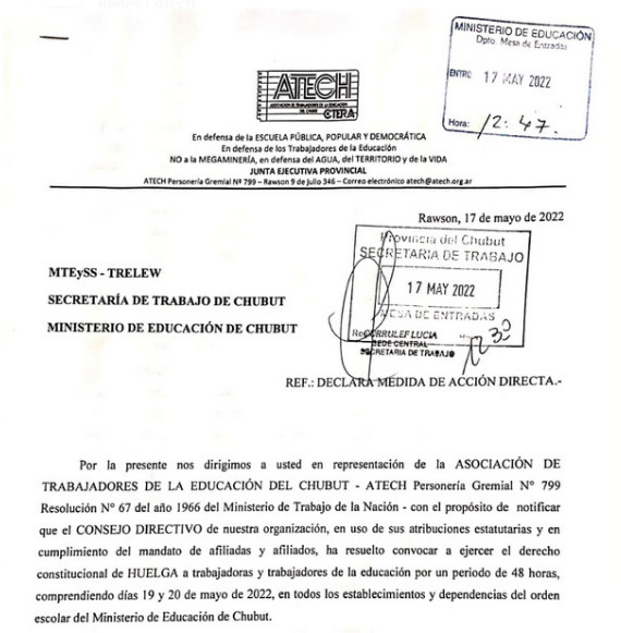 ATECH notificó al gobierno el paro por 48 horas