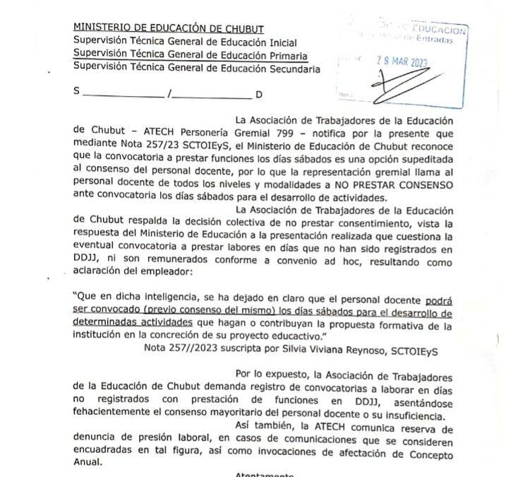 ATECH respalda la decisión colectiva de no prestar consenso ante convocatoria los sábados